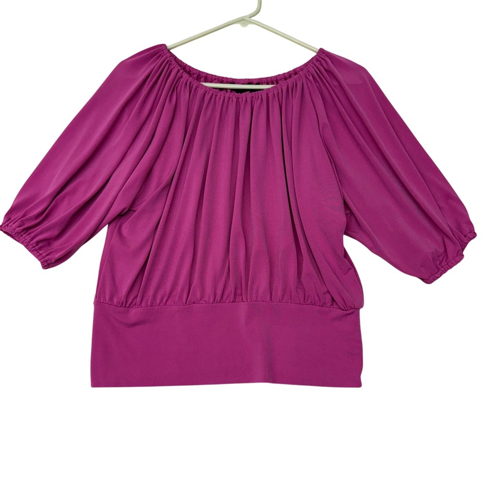 New York & Company Magenta Pink Gathered Neck Puff Sleeve Blouse Womens Medium